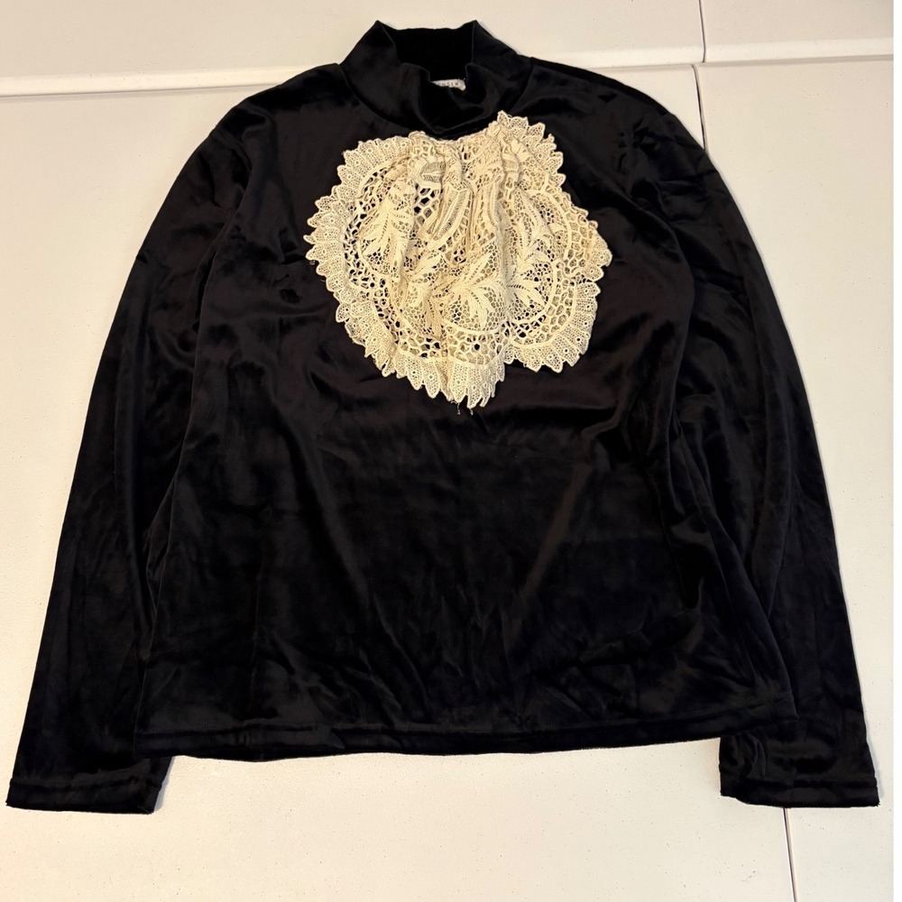 Van Heusen Black Velvet Mock Neck Lace Jabot Blouse Victorian Gothic XL g5
